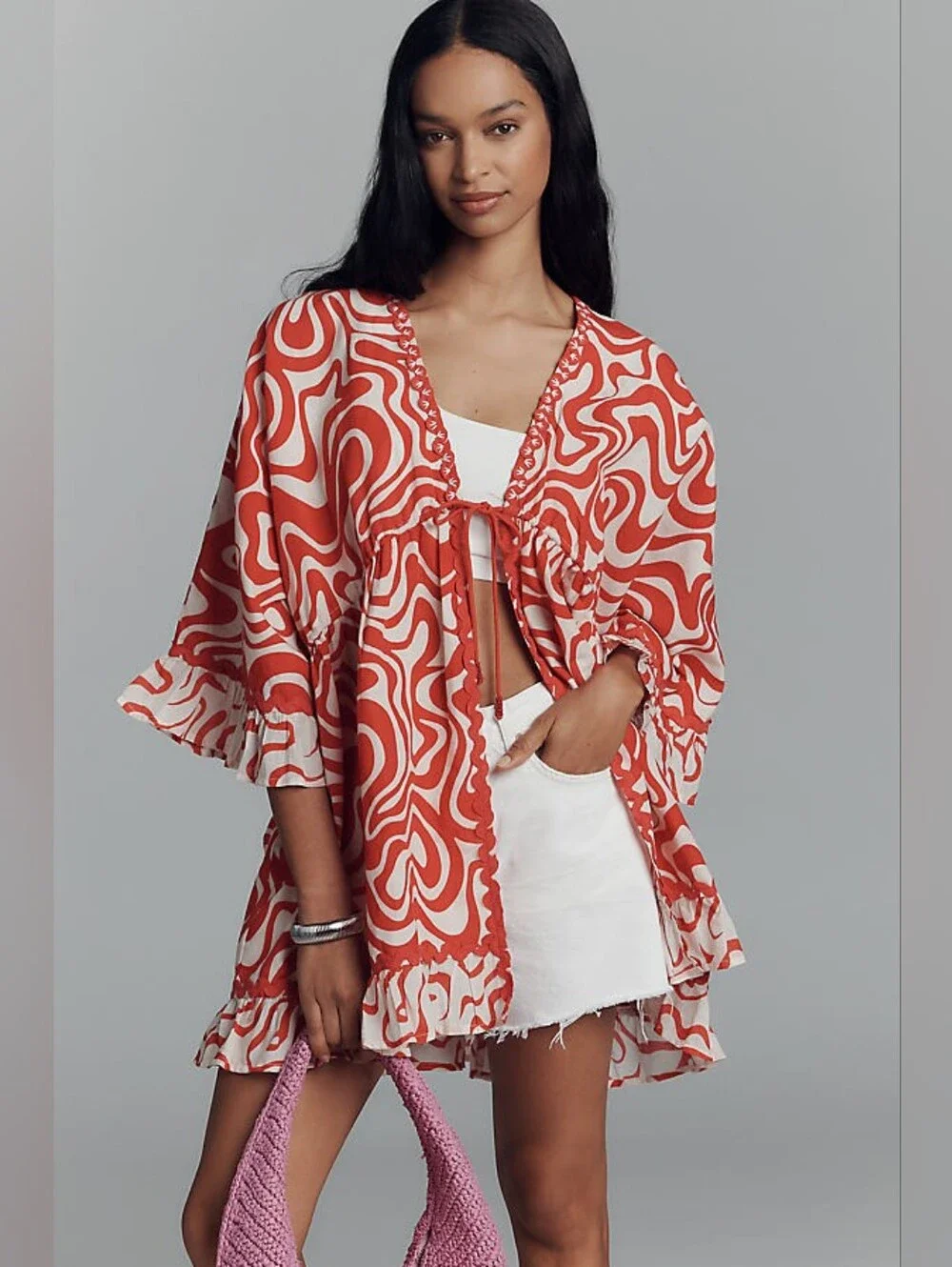 Conditions Apply Tie Front Cotton Linen Shawl Jacket